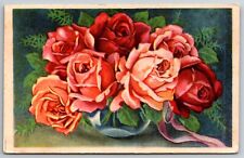 Beautiful Roses in a Glass Vase 1949 Made in Hungary Floral Vintage Postcard picture