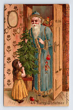 1905 Blue Robe Old World Santa Claus Doll Girl Merry Christmas Embossed Postcard picture