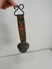 Antique Swiss German Austrian Brass Oxen Cow Bell Embroidered Strap Hand Wrought picture