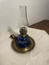 Beautiful 19th Century Small Handheld Brass Oil Lamp With Blue Cobalt Glass  picture