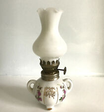 Minature oil Lamp 6.75” Footed Porcelain base roses/gold/white scalloped chimney picture