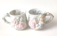 Vintage Avon Cherub Angel & Pink Roses Mugs Raised Embossed Porcelain picture