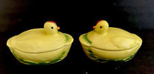 Vintage Czech PV Ceramic Chick Yellow Chicken Pair Covered Custard Dish set of 2 picture