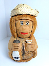 Carved Coconut Monkey In Hat Coin Bank - Holding Rhum Bottle Tiki - Vintage picture