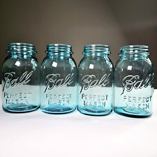 4 Antique 1922-33 Ball PERFECT MASON Quart Jar Regular Mouth Blue Glass Décor picture