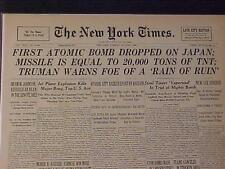 VINTAGE NEWSPAPER HEADLINE NY~WORLD WAR 2 ATOMIC BOMB DROPPED ON JAPAN WWII 1945 picture