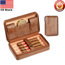 Galiner Travel Cigar Humidor Case Cedar Wood Humidity Box Leather Holder 4CT picture