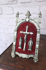 Antique neo gothic standing crucifix calvary brass velvet niche rare picture