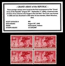 1949 - GRAND ARMY of the REPUBLIC (GAR) -Mint Block of 4 Vintage Postage Stamps picture
