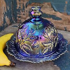 Antique Imperial Glass Cobalt Purple Lustre Rose Iridescent Carnival Butter Dish picture