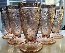 1990's Art Deco Pink Floral Iced Tea Beer Glass Pressed Tiara Sandwich Set Of 6 picture