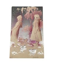 Vintage Embossed Airbrushed Easter Greetings Post Card Boy And Girl Pink Silver picture