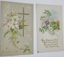 2 Vtg Embossed Easter Postcards Flowers Lily of the Valley Apple Blossoms Roses picture