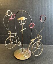 Unique Vtg Brass Kinetic Sculpture Large Wheel Bicycles Balancing On A Lamp Pole picture