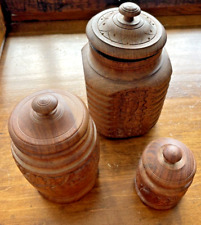 Lot of 3 Vintage Hand Carved India Wooden Spice Jar Round Carved w/Lids--725.24 picture