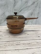 Vintage Corning Vision Amber Double Boiler 1.5 Qt V-20 With Pyrex Lid 3 Pc Set picture