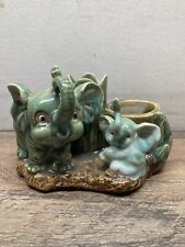 VINTAGE BEAUTIFUL MAJOLICA RARE LARGE LUCKY GREEN ELEPHANT DOUBLE PLANTER picture