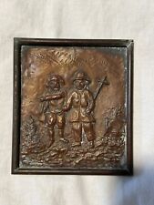Copper Plate Vintage Two Men With Cross Scene Wall Hang 5.25 X 6 Inches Patina picture