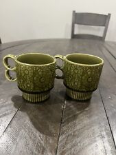 Vintage MCM Avocado Green Mugs Coffee Cups Floral Daisy JAPAN Set Of 2 picture