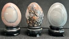 3 Vintage Hand Carved Alabaster Stone Marble Eggs with stands Pink Gray Black picture