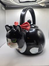 Vintage 90s Cat Teapot Via Ancona Metal Kitty Cat Whistling Tea Kettle Black picture