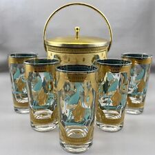 Vintage MCM Fred Press Horses Ice Bucket & 5 Glasses 1950's Barware Turquoise picture