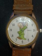 Vintage Timex Disney Dopey Watch Silver Tone Brown Leather Band 30mm picture