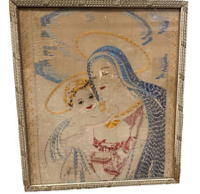 Virgin Mary & Son Madonna & Child Antique Handmade Framed Our Lady Hand Stitched picture