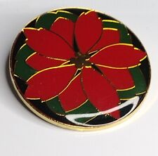 Vintage Hallmark Cards Inc Round Enameled Poinsettia Lapel Pin Red Green Gold  picture