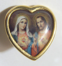 1950s vintage catholic Saint Mary Jesus Heart gold tone metal pin brooch 52868 picture