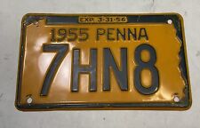 Vintage 1955 PENNA License Plate 7HN8 EXP. 3-31-56 Yellow With Blue picture