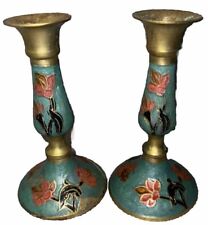 Vintage Pair Of Solid Brass Enamel Floral Handpainted Candle Sticks picture