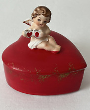 Vtg Lefton Hand Painted Cupid Holding Hearts Valentine’s Jewelry Trinket Box picture