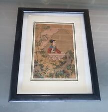 Vintage Chinese Geisha Girl Watercolor Painting On Silk Rare Framed Art Print picture