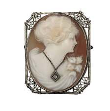 c1920 14k White Gold Cameo with Diamond Pendant/Brooch picture
