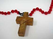 Vintage Christian Cross Pendant: Red Beads Wood Wooden Cross picture