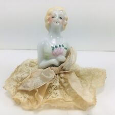 Vintage Antique Pin Cushion Porcelain Doll Satin & Lace picture