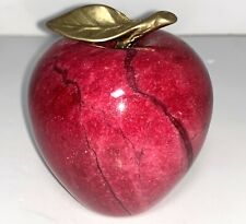 VTG Red Polished Swirls Marble Alabaster Apple Brass Leaf Stem Stone Paperweight picture