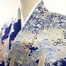 4K574 Kimono Pure Silk Lining Fine Pattern Navy Blue White Pink Floral Japanese  picture
