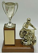 Vintage Old Motorcycle Racing Trophy Harley Indian Loving Cup Wooden Base picture