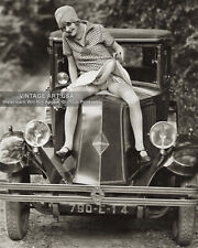 Vintage 1920s Photo Woman on Car Hood Lifting Her Skirt Risqué Garter Stockings picture