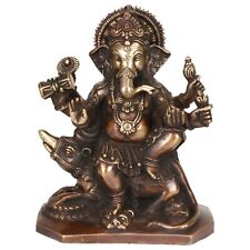 Brass Golden Finish Lord Ganesha Idol Sitting on Mooshak sawari (8 Inch) picture