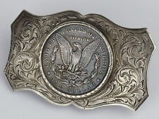 Vintage Engraved Sterling Silver Mens Belt Buckle, 1891-CC Morgan Dollar Coin picture