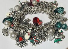 Christmas Silver Tone Charm Bracelet Loaded W/Charms Santa, Trees, Stockings picture