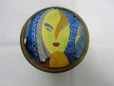 MID CENTURY HAND PAINTED ENAMEL ON COPPER CORK LINED HUMIDOR TOBACCO JAR BOX picture