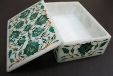6 x 4 Inches White Marble Jewelry Box Malachite Stone Inlay Work Decorative Box picture