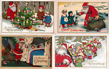 Colorful ~Lot of 4 SANTA CLAUS with Children ~Antique Christmas Postcards~h925 picture