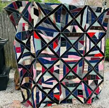 Antique Hand Crafted Embroidered Crazy Patchwork Criss Cross Quilt 70