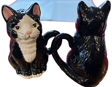 BLACK Kitty CAT Salt Pepper Shakers SET OF 2 handled 5” Tall TAIWAN B W Ceramic picture