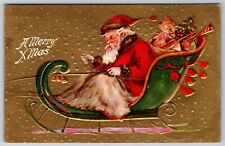 Artist Signed Archie Gunn~Merry X-mas~Santa Drives Sleigh~Lap Robe~Emb~Gold~1910 picture